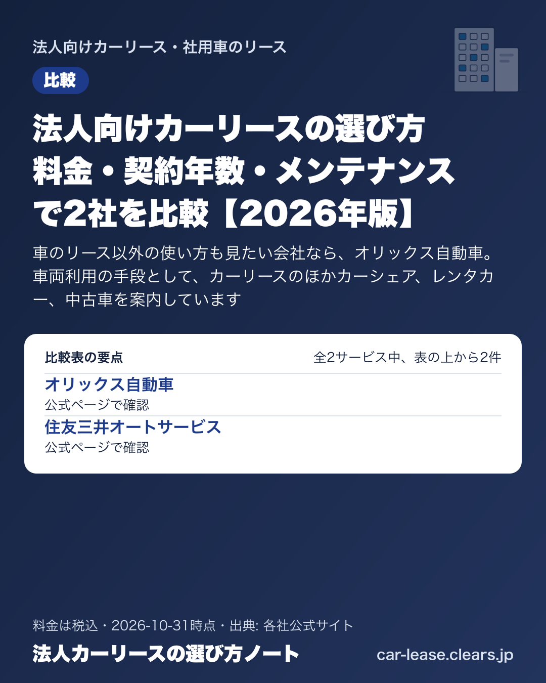 法人向けカーリースの選び方 料金・契約年数・メンテナンスで2社を比較【2026年版】の比較表の要点